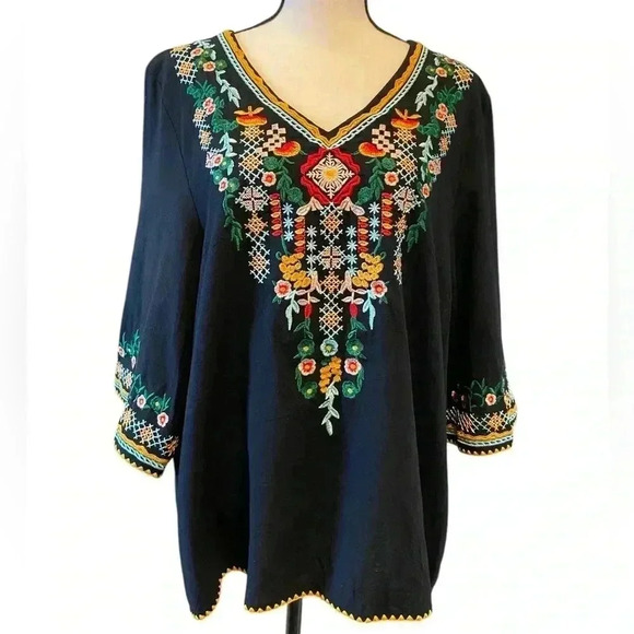 YZXDORWJ Womens Large Top Mexican Styled Embroidered Classic Black Flowy Cotton - Picture 1 of 5